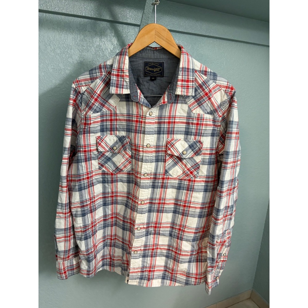 Threadgrit Mens Red White Blue Plaid Western Pearl Snap Shirt Large TGSP24WS072